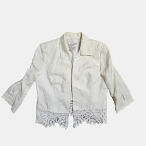 Vintage Plaza South Linen Blend Lace Hem Blazer Jacket 12 Y2K Cottagecore‎
